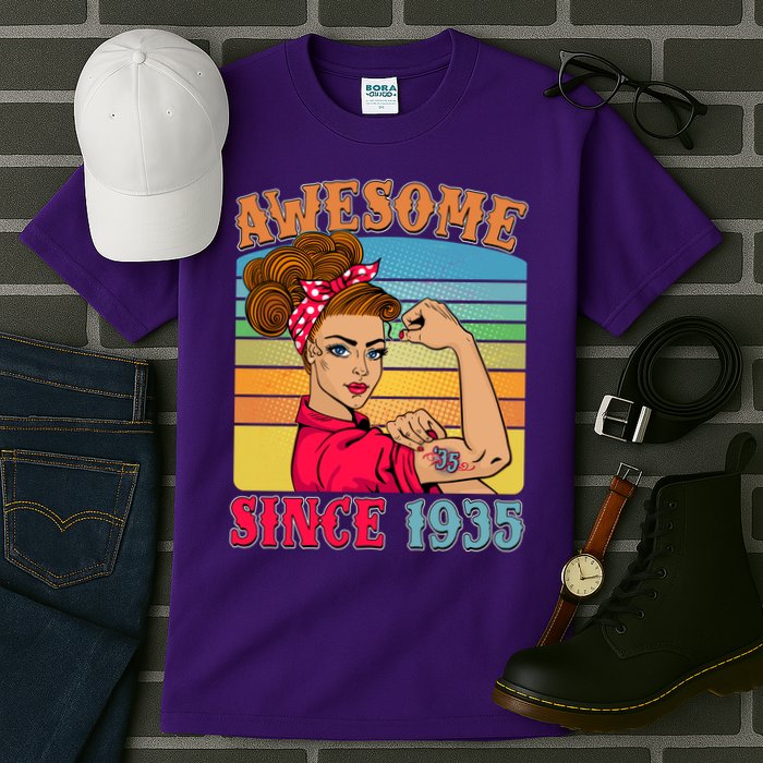 Awesome Since 1935 90th Birthday Messy Bun Rosie The Riveter Tall T-Shirt
