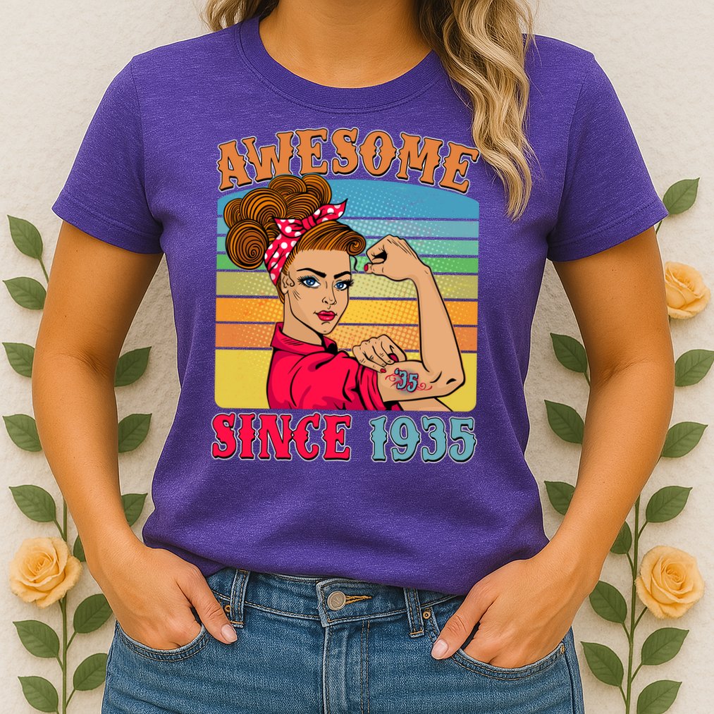 Awesome Since 1935 90th Birthday Messy Bun Rosie The Riveter Womens T-Shirt