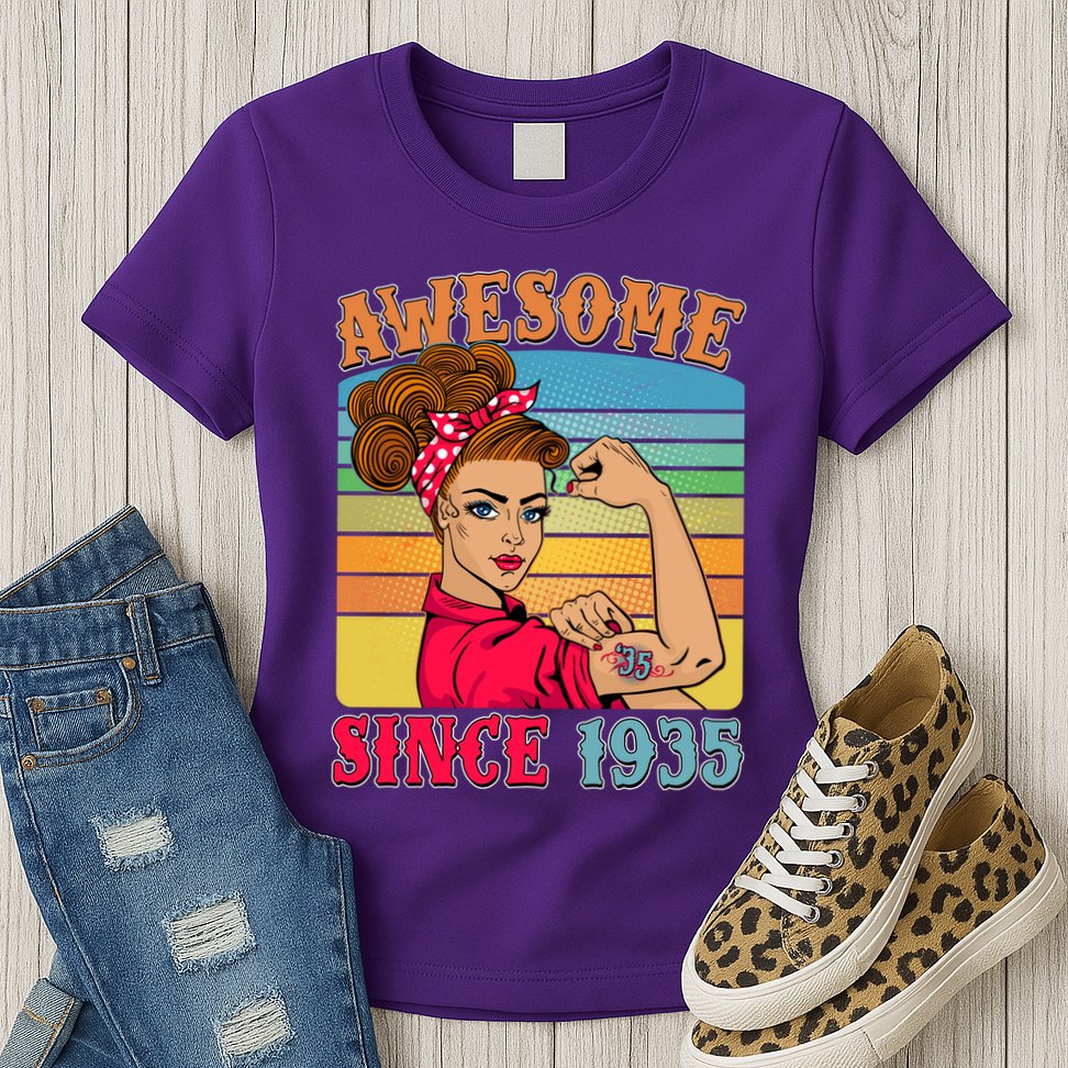 Awesome Since 1935 90th Birthday Messy Bun Rosie The Riveter Womens T-Shirt