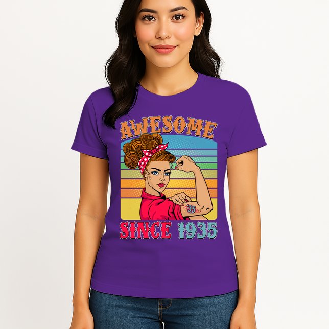 Awesome Since 1935 90th Birthday Messy Bun Rosie The Riveter Womens T-Shirt