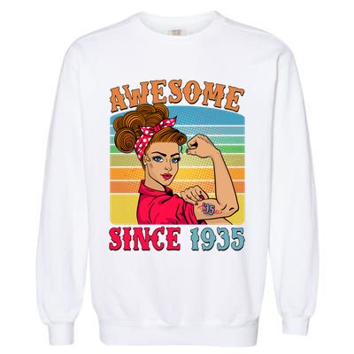 Awesome Since 1935 90th Birthday Messy Bun Rosie The Riveter Garment-Dyed Sweatshirt