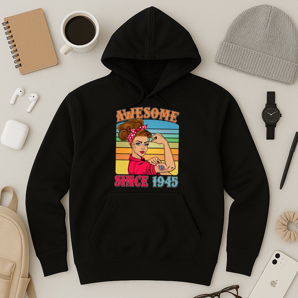 Awesome Since 1945 80th Birthday Messy Bun Rosie The Riveter Hoodie