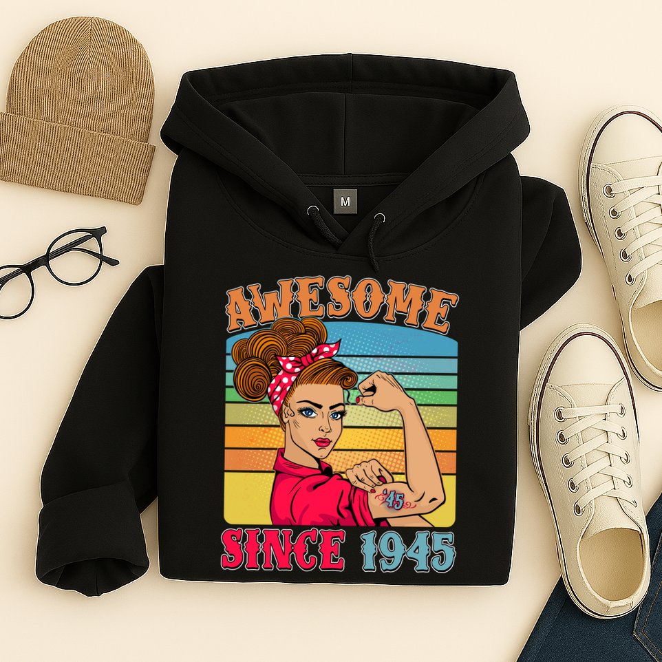 Awesome Since 1945 80th Birthday Messy Bun Rosie The Riveter Hoodie