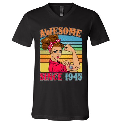 Awesome Since 1945 80th Birthday Messy Bun Rosie The Riveter V-Neck T-Shirt