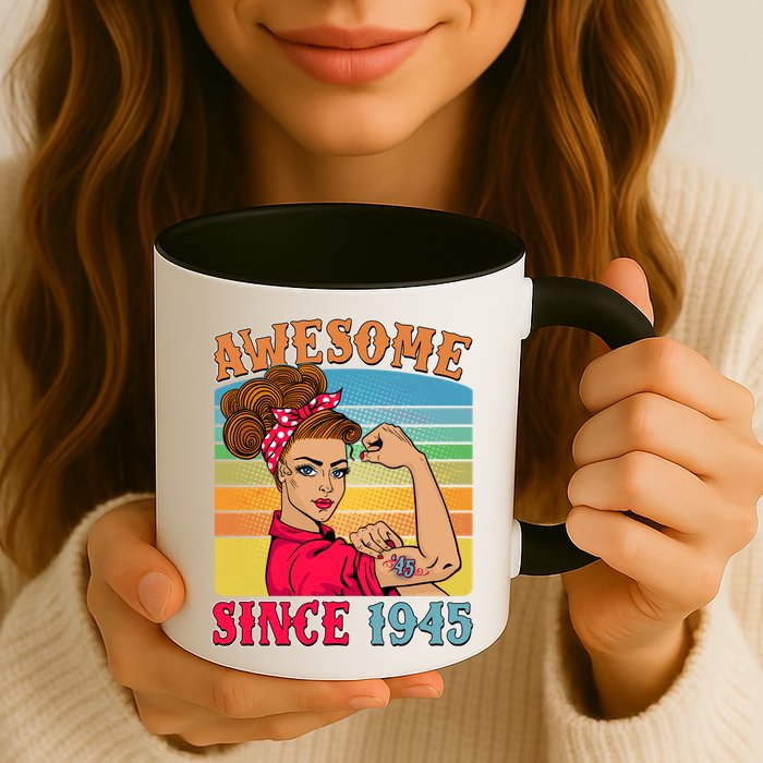 Awesome Since 1945 80th Birthday Messy Bun Rosie The Riveter Mug