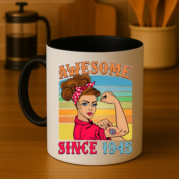 Awesome Since 1945 80th Birthday Messy Bun Rosie The Riveter Mug
