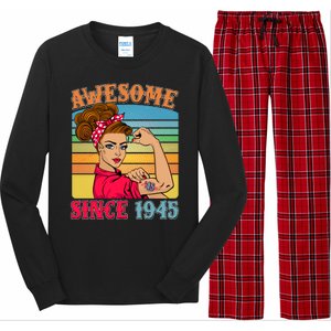 Awesome Since 1945 80th Birthday Messy Bun Rosie The Riveter Long Sleeve Pajama Set