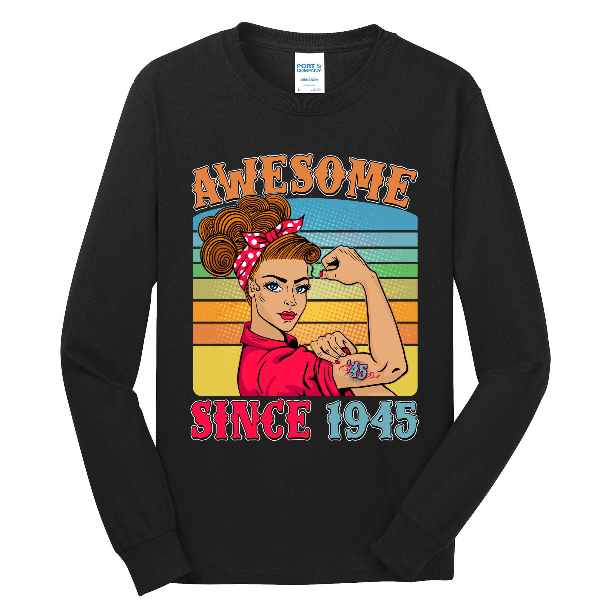 Awesome Since 1945 80th Birthday Messy Bun Rosie The Riveter Tall Long Sleeve T-Shirt