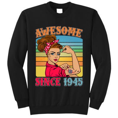Awesome Since 1945 80th Birthday Messy Bun Rosie The Riveter Tall Sweatshirt