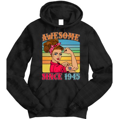 Awesome Since 1945 80th Birthday Messy Bun Rosie The Riveter Tie Dye Hoodie