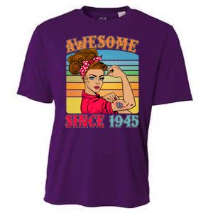 Awesome Since 1945 80th Birthday Messy Bun Rosie The Riveter Cooling Performance Crew T-Shirt