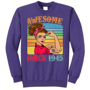 Awesome Since 1945 80th Birthday Messy Bun Rosie The Riveter Sweatshirt