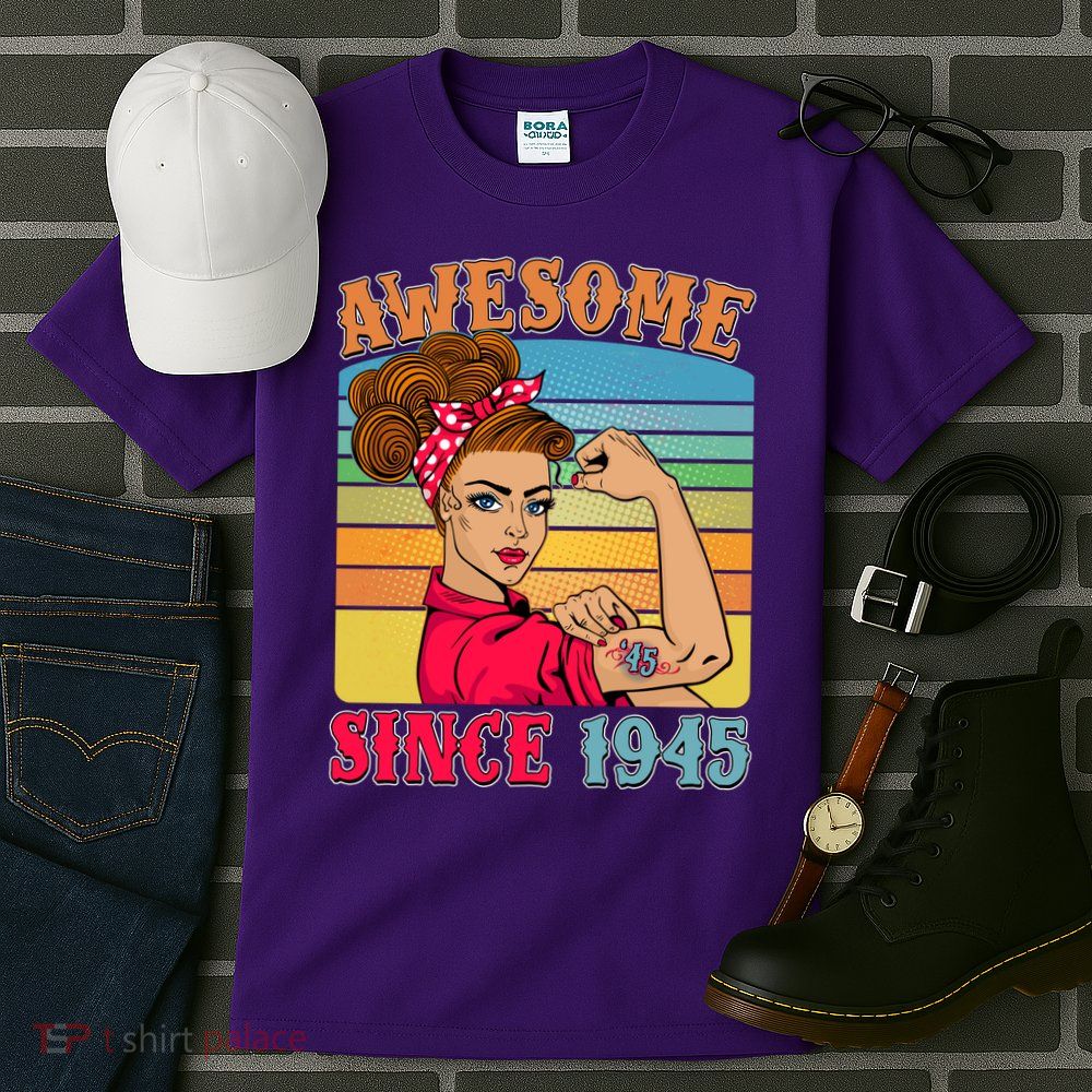 Awesome Since 1945 80th Birthday Messy Bun Rosie The Riveter Tall T-Shirt