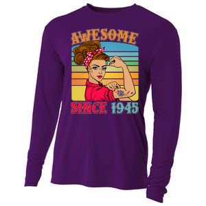 Awesome Since 1945 80th Birthday Messy Bun Rosie The Riveter Cooling Performance Long Sleeve Crew