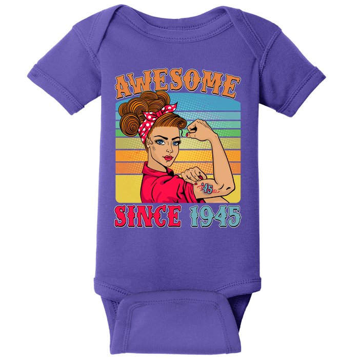 Awesome Since 1945 80th Birthday Messy Bun Rosie The Riveter Baby Bodysuit