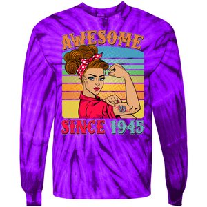 Awesome Since 1945 80th Birthday Messy Bun Rosie The Riveter Tie-Dye Long Sleeve Shirt