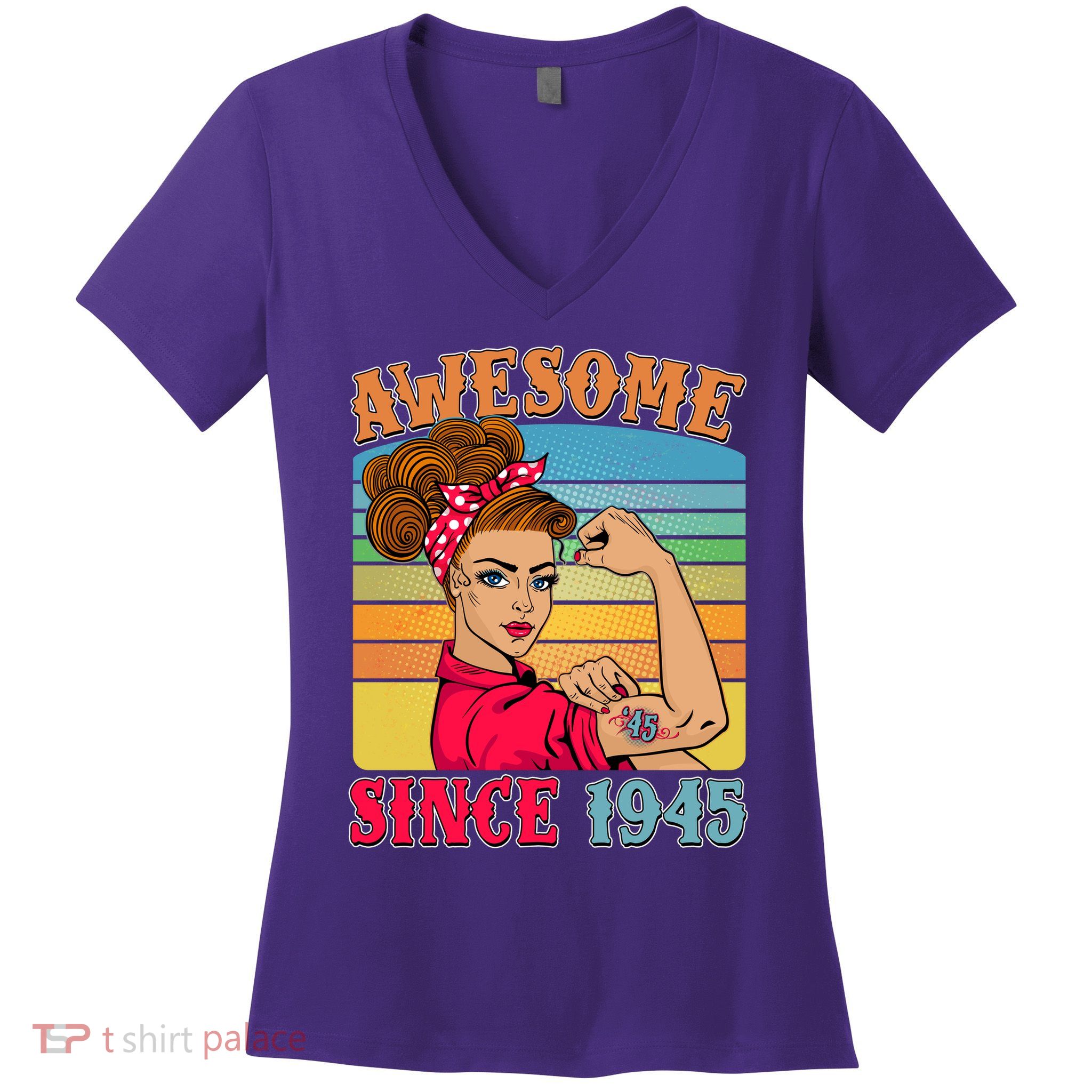 Awesome Since 1945 80th Birthday Messy Bun Rosie The Riveter Women's V-Neck T-Shirt