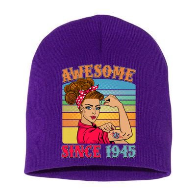 Awesome Since 1945 80th Birthday Messy Bun Rosie The Riveter Short Acrylic Beanie