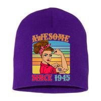 Awesome Since 1945 80th Birthday Messy Bun Rosie The Riveter Short Acrylic Beanie