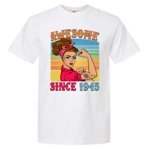 Awesome Since 1945 80th Birthday Messy Bun Rosie The Riveter Garment-Dyed Heavyweight T-Shirt