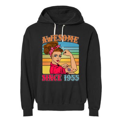 Awesome Since 1955 70th Birthday Messy Bun Rosie The Riveter Garment-Dyed Fleece Hoodie