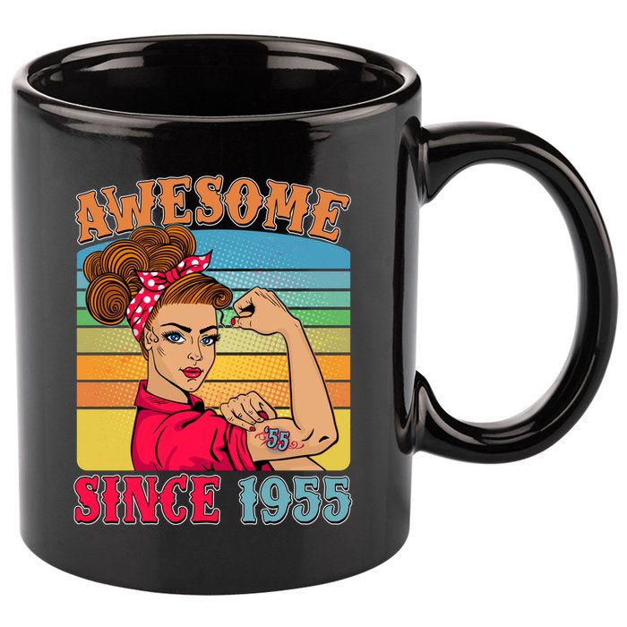 Awesome Since 1955 70th Birthday Messy Bun Rosie The Riveter 11oz C Handle Ceramic Mug