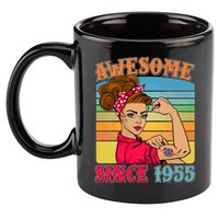 Awesome Since 1955 70th Birthday Messy Bun Rosie The Riveter 11oz C Handle Ceramic Mug