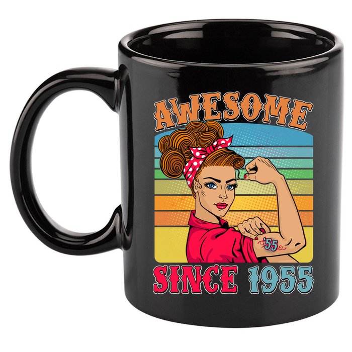 Awesome Since 1955 70th Birthday Messy Bun Rosie The Riveter 11oz C Handle Ceramic Mug