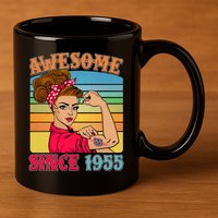 Awesome Since 1955 70th Birthday Messy Bun Rosie The Riveter 11oz C Handle Ceramic Mug
