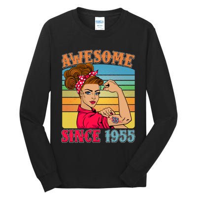 Awesome Since 1955 70th Birthday Messy Bun Rosie The Riveter Tall Long Sleeve T-Shirt