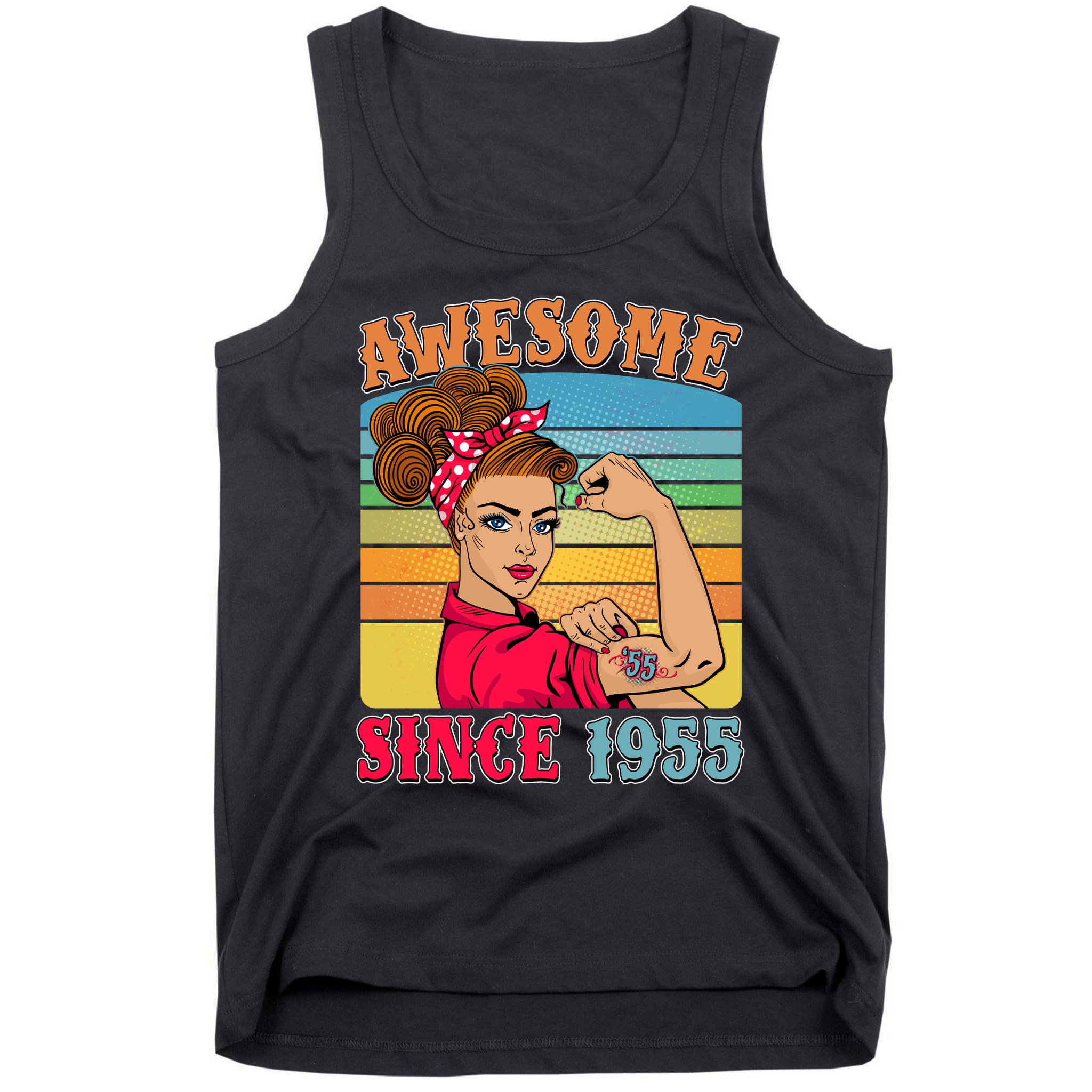 Awesome Since 1955 70th Birthday Messy Bun Rosie The Riveter Tank Top