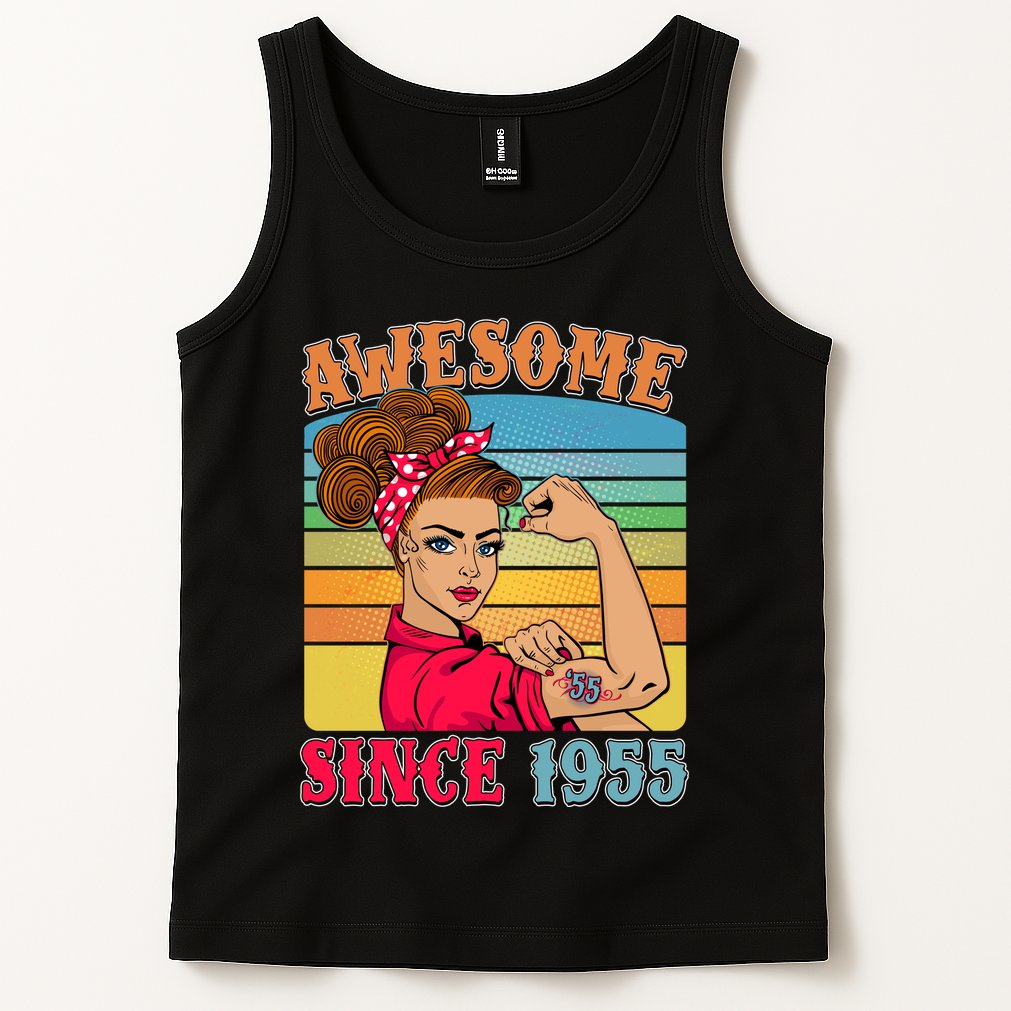 Awesome Since 1955 70th Birthday Messy Bun Rosie The Riveter Tank Top