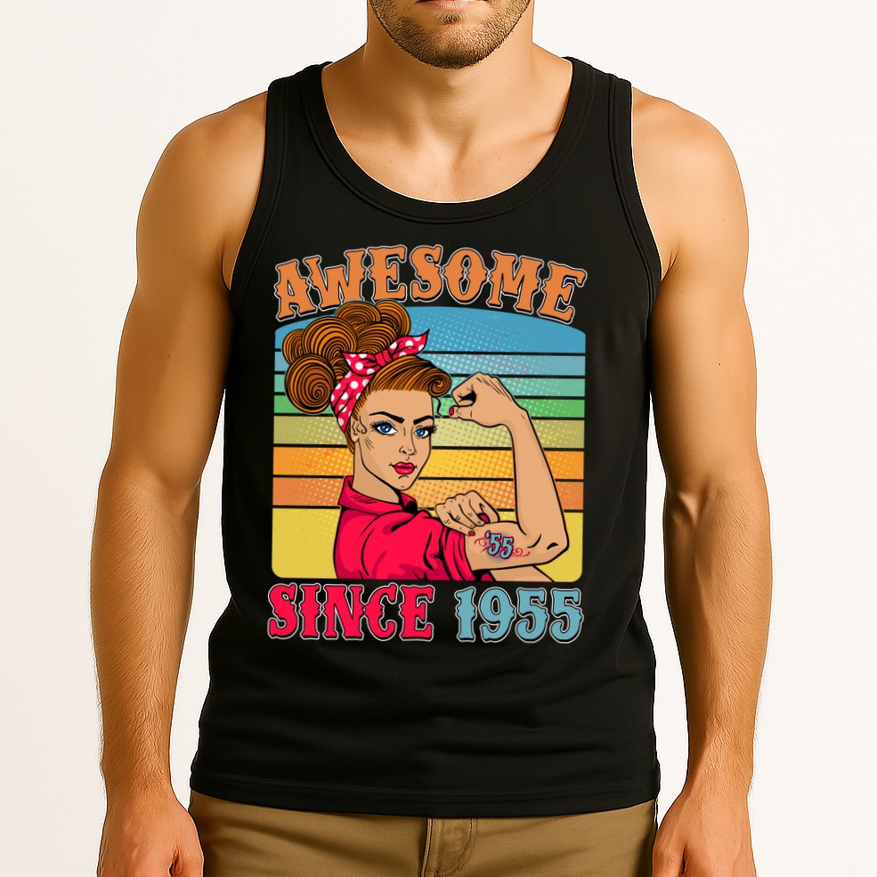 Awesome Since 1955 70th Birthday Messy Bun Rosie The Riveter Tank Top