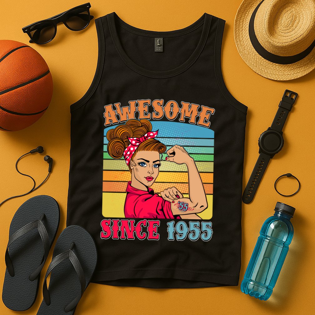Awesome Since 1955 70th Birthday Messy Bun Rosie The Riveter Tank Top