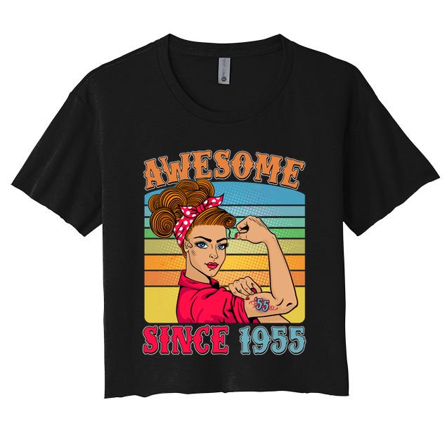 Awesome Since 1955 70th Birthday Messy Bun Rosie The Riveter Women's Crop Top Tee