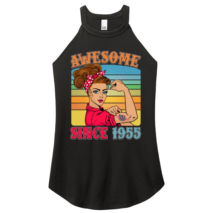 Awesome Since 1955 70th Birthday Messy Bun Rosie The Riveter Women's Perfect Tri Rocker Tank
