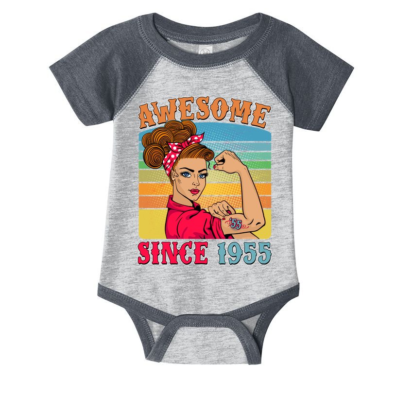 Awesome Since 1955 70th Birthday Messy Bun Rosie The Riveter Infant Baby Jersey Bodysuit
