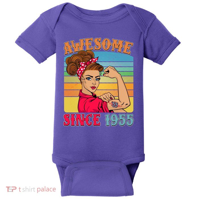 Awesome Since 1955 70th Birthday Messy Bun Rosie The Riveter Baby Bodysuit