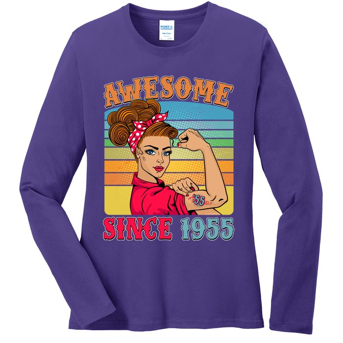 Awesome Since 1955 70th Birthday Messy Bun Rosie The Riveter Ladies Long Sleeve Shirt