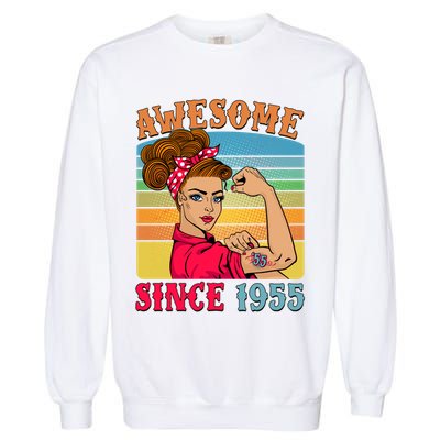 Awesome Since 1955 70th Birthday Messy Bun Rosie The Riveter Garment-Dyed Sweatshirt