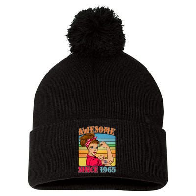 Awesome Since 1965 60th Birthday Messy Bun Rosie The Riveter Pom Pom 12in Knit Beanie