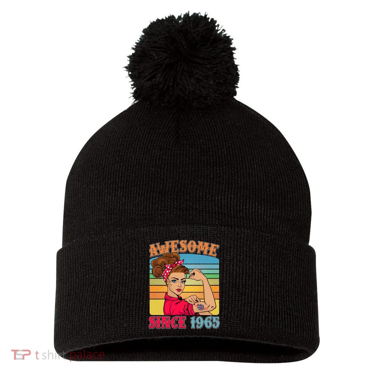Awesome Since 1965 60th Birthday Messy Bun Rosie The Riveter Pom Pom 12in Knit Beanie
