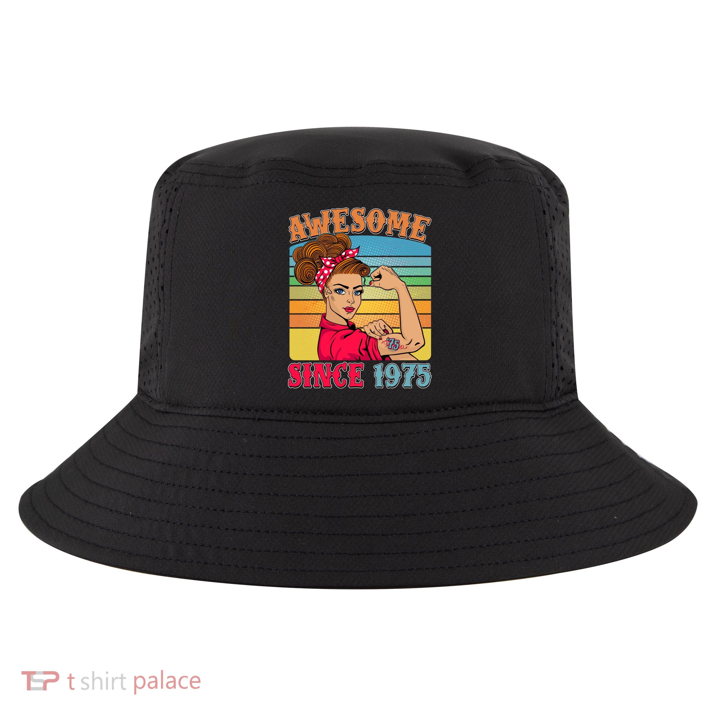 Awesome Since 1975 50th Birthday Messy Bun Rosie The Riveter Cool Comfort Performance Bucket Hat