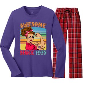 Awesome Since 1975 50th Birthday Messy Bun Rosie The Riveter Women's Long Sleeve Flannel Pajama Set 