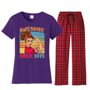 Awesome Since 1975 50th Birthday Messy Bun Rosie The Riveter Women's Flannel Pajama Set