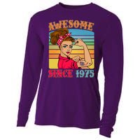 Awesome Since 1975 50th Birthday Messy Bun Rosie The Riveter Cooling Performance Long Sleeve Crew