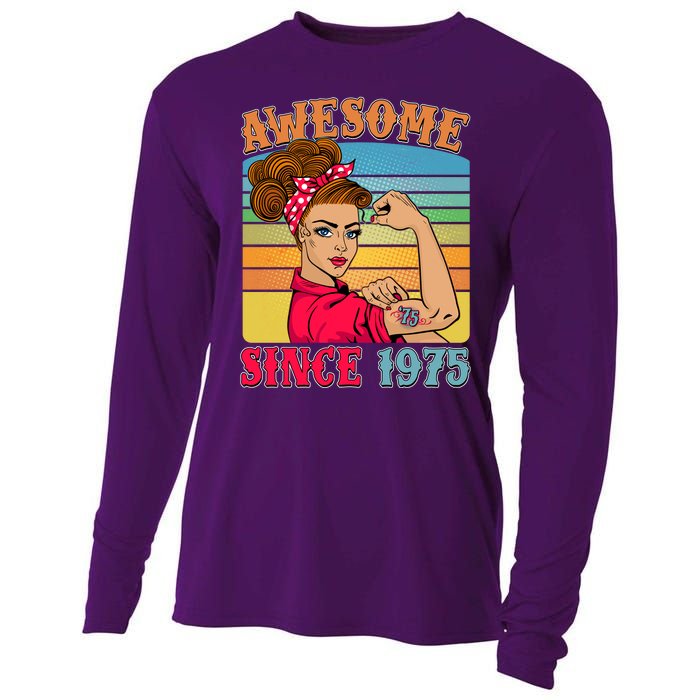 Awesome Since 1975 50th Birthday Messy Bun Rosie The Riveter Cooling Performance Long Sleeve Crew