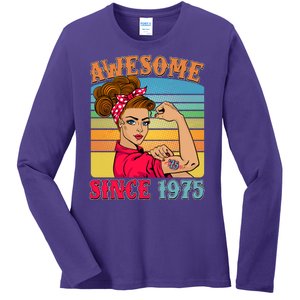 Awesome Since 1975 50th Birthday Messy Bun Rosie The Riveter Ladies Long Sleeve Shirt