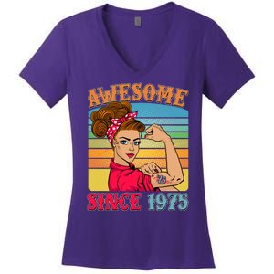 Awesome Since 1975 50th Birthday Messy Bun Rosie The Riveter Women's V-Neck T-Shirt