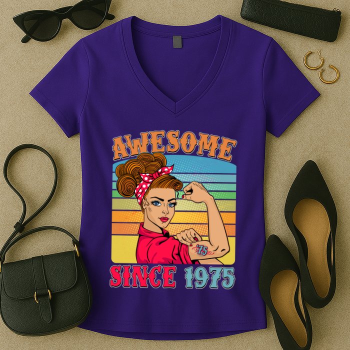 Awesome Since 1975 50th Birthday Messy Bun Rosie The Riveter Women's V-Neck T-Shirt